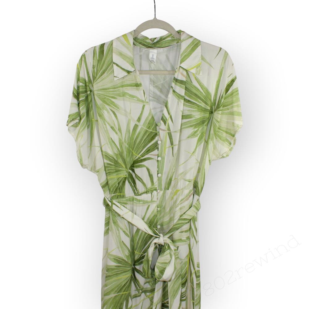 Large H&M Tropical Print Midi Dress Palm White Green Vacation Summer Party - Picture 10 of 14